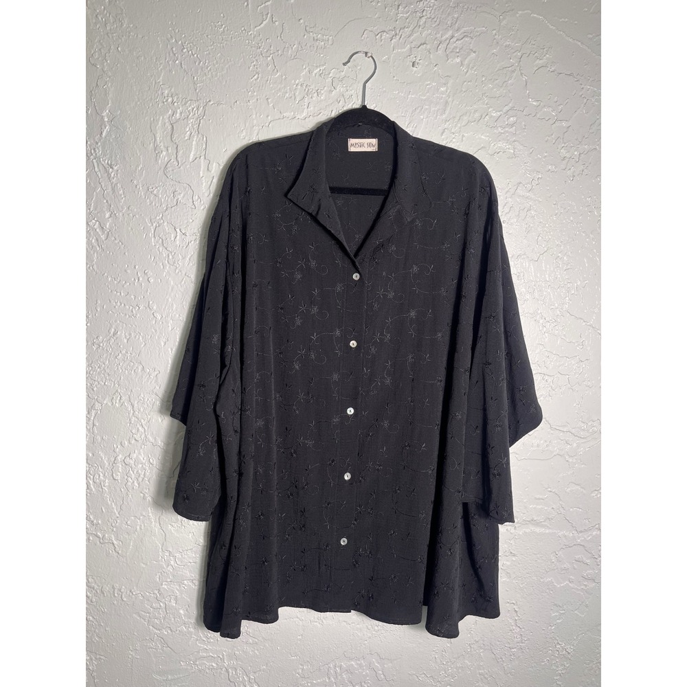 Mystic Sun Black Embroidered Rayon Button Front‎ Shirt Blouse One Size Made USA